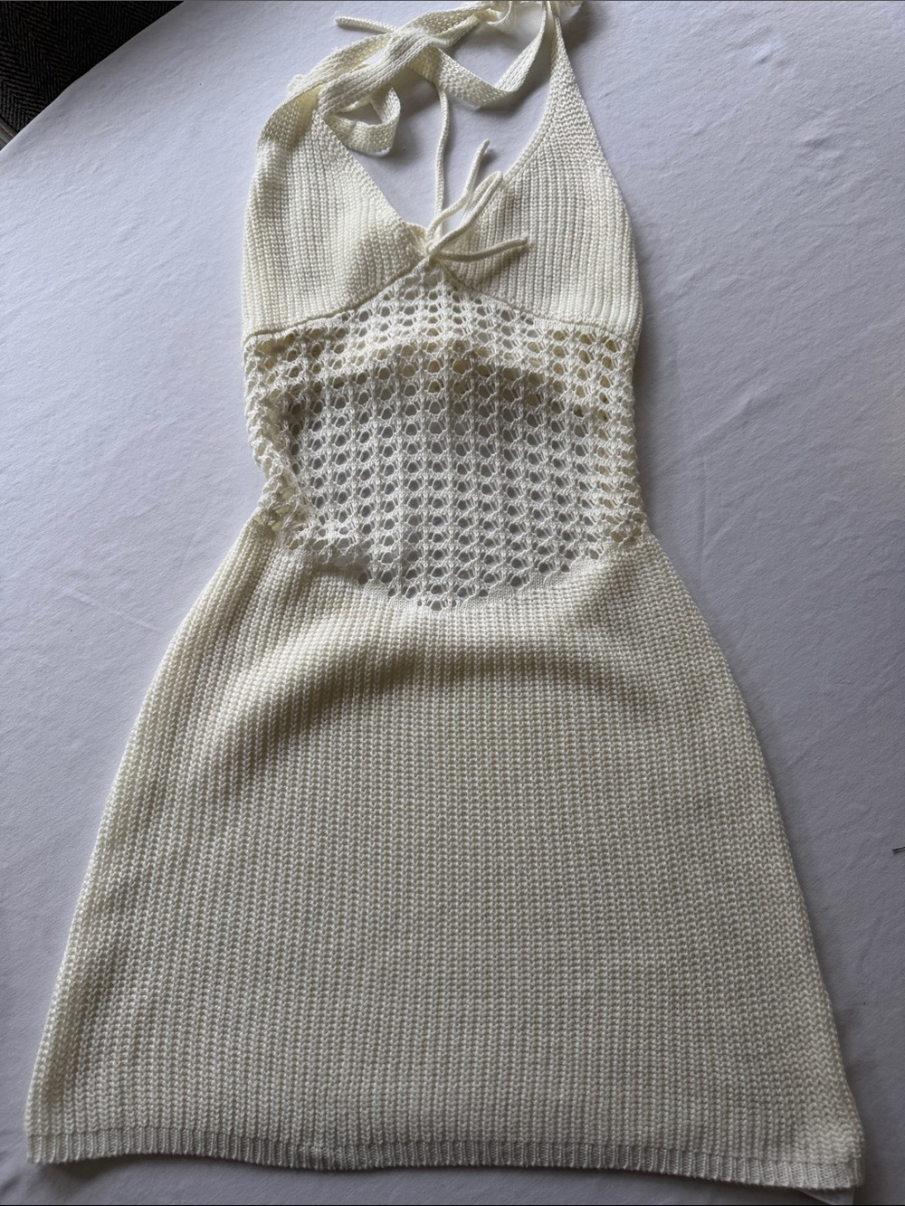 Tiger Mist Cream Halter Crochet Knit Mini Dress - Sleeveless Summer Dress Small